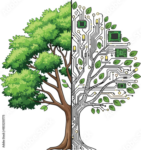 Digital tree representing technology and nature integration on a white backdrop