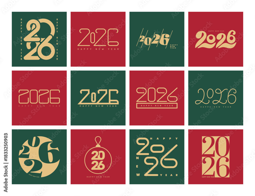Fototapeta premium 2026 Numbers Happy New Year card set. Red and green design template. Logo text. Vector illustration