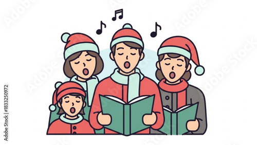 A diverse group of people wearing santa hats and scarves joyfully sing christmas carols together from open songbooks with musical notes floating above their heads