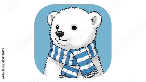 Cute cartoon polar bear cub wearing a blue and white striped scarf looking to the side with a friendly expression against a soft blue background