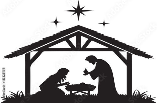 Clean black vector illustration of the manger moment showing Mary Joseph and the infant in a simple stable structure, ideal for spiritual holiday design collections.