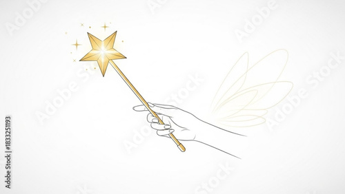 Elegant hand holding a golden star tipped magic wand with subtle fairy wings suggesting enchantment and fantasy on a clean white background