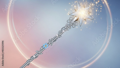 A delicate silver magic wand adorned with pearls and a small blue flower topped with a sparkling star and emitting magical fairy dust against a soft gradient background with ethereal light rings