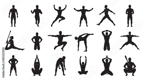 Collection of black vector athletic silhouettes doing fitness exercises and yoga