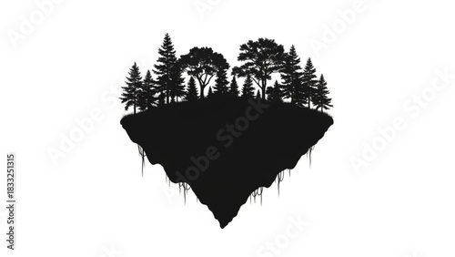 Silhouette of trees on a floating island with hanging roots in a monochrome illustration that is isolated