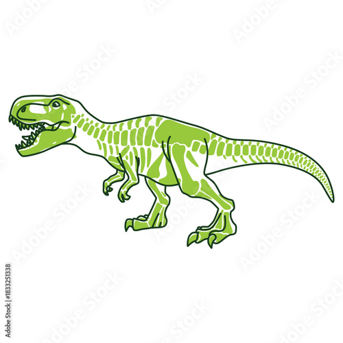Green cartoon tyrannosaurus rex skeleton illustration in detailed bold outline style