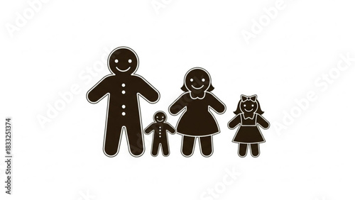 A happy gingerbread family of four representing parents and children stands together against a clean white background in a charming illustration