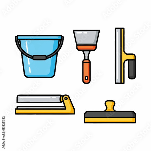 A colorful vector icon set of home improvement and construction tools.