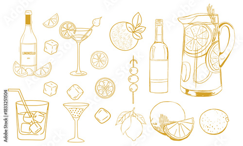 Hand-Drawn Summer Cocktail Line Art Set with Citrus Fruits and Drinks