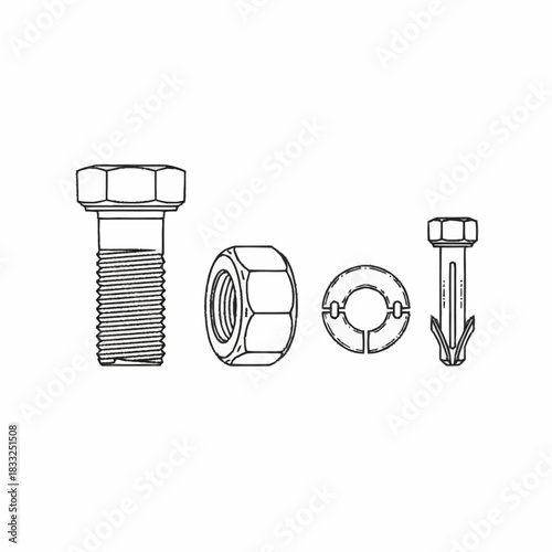 Set of fasteners including bolt nut washer and anchor bolt.