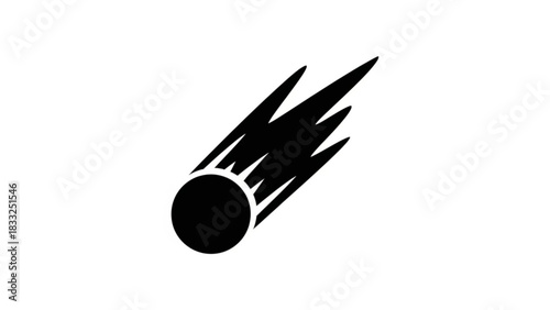 A simple graphic depiction of a black comet with a bright tail against a white background space scene