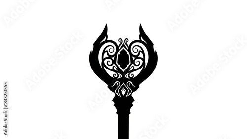 Illustration of a black ornate scepter with a gem and swirling designs on a white background image view