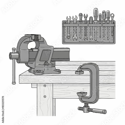 Workbench with a vise, C-clamp, and a wall-mounted tool rack.