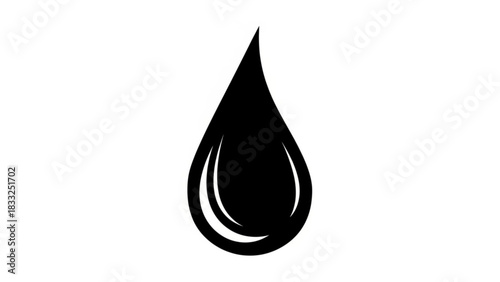 A simple black and white graphic illustration of a single water droplet shape on a white background