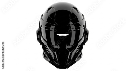 A glossy black futuristic helmet with an angular design on a plain white background is displayed
