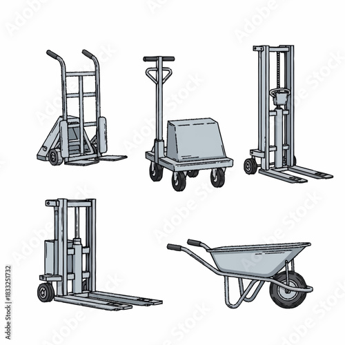 A set of hand drawn illustrations of industrial material handling equipment.