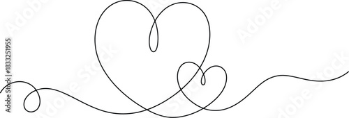 A continuous single black line forming two distinct hearts of different sizes on a white background