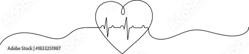A continuous single line forms a heart shape with an ECG pulse line flowing through its center