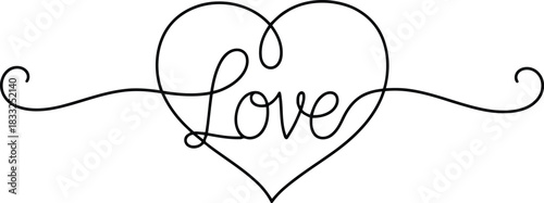 Continuous flowing line drawing forming a romantic heart shape with the word Love written inside