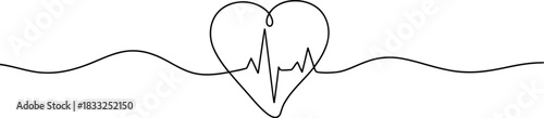 Continuous single line drawing showing a heart shape with an electrocardiogram pulse inside