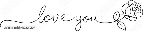 Elegant continuous line drawing spells love you text with a single flowing rose bloom
