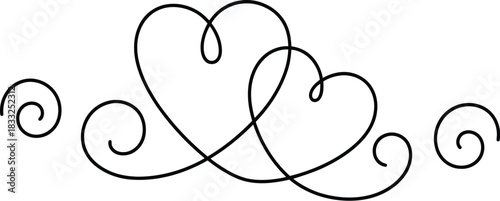 Graceful black outline drawing of two connected hearts with elegant decorative swirling flourishes on each side