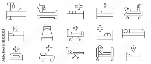  hospital bed icons . Pack of linear symbols of hospital bed. Simple linear illustration for stores, shops, banners, design. Editable stroke.