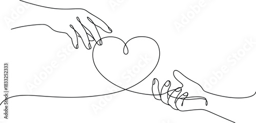 Minimalist black line illustration showing two human hands delicately forming a central heart shape