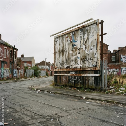 Dilapidated Urban Street with Grungy Billboard and Abandoned Buildings.