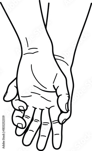 Outlined illustration of two human hands holding each other firmly conveying companionship and support