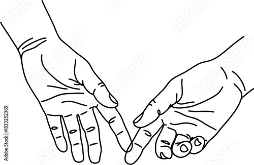 Simple elegant continuous line drawing depicting two hands with fingertips gently reaching out