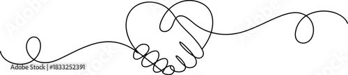 Symbolic continuous line drawing features two hands forming a handshake within a heart shape
