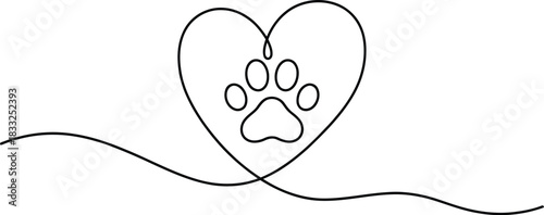 Single continuous line drawing forms a heart shape with an adorable animal paw print inside