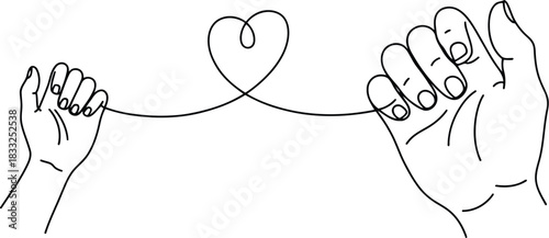 Two hands reaching towards each other with a black string forming a heart shape in the middle representing connection