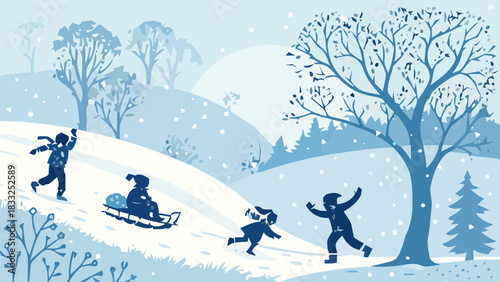 Children joyfully playing in a snowy winter wonderland, sledding down hills beneath falling snowflakes, creating a magical, festive scene of childhood fun