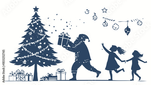 Santa bringing Christmas cheer with gifts to joyful kids by the decorated tree, spreading holiday magic, originally a scalable vector graphic