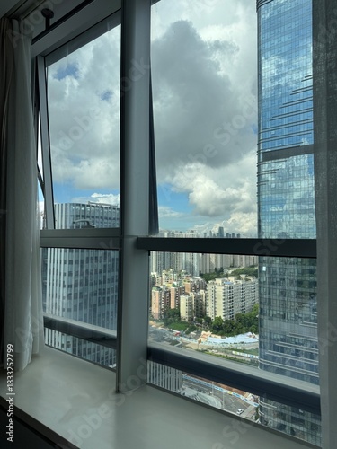Modern Cityscape of Shenzhen, China Viewed Through Apartment Window