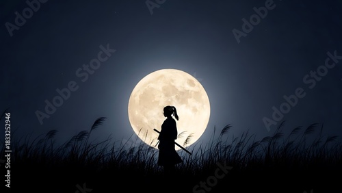 Silhouette of a Samurai Warrior Against a Full Moon.