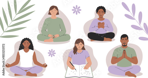 Group Meditation Practice with People Sitting in Lotus Position and Practicing Mindfulness, Group Studying, Writing in Notebook, Vector