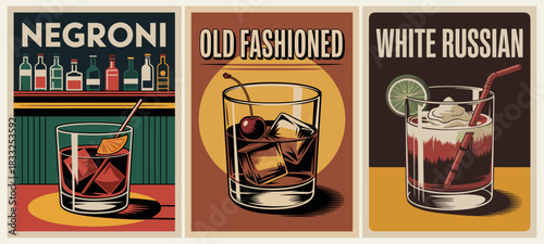 Retro vector triptych featuring Negroni, Old Fashioned, and White Russian cocktails. Bold 1950s-inspired colors, stylized glasses, bar elements, and classic vintage poster design