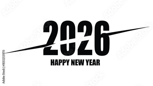 Modern 2026 Happy New Year typography design with bold numbers, diagonal slash effect, minimal black text greeting graphic for festive holiday celebrations