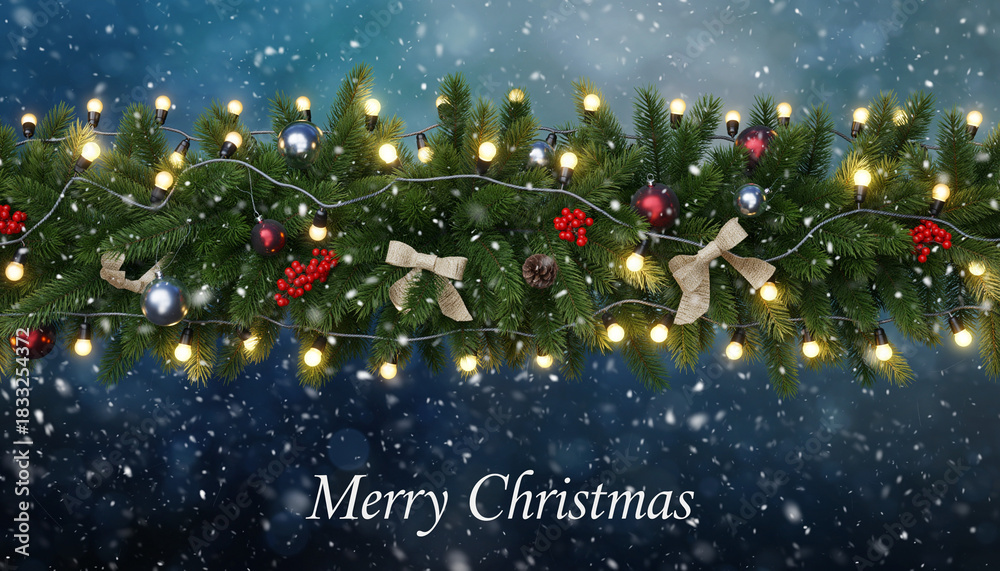 Fototapeta premium Christmas garland with lights, ribbons, and ornaments in a festive winter scene