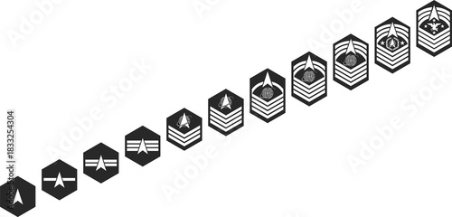 Set of icons of insignia of the space forces of the armed forces of the country, icons of military ranks vector.