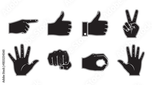 Collection of black vector hand gestures and signals on white background