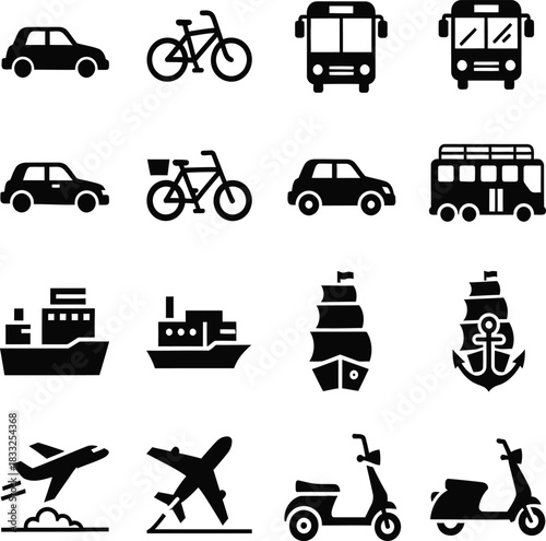 Collection of Transportation Icons in Black Silhouette