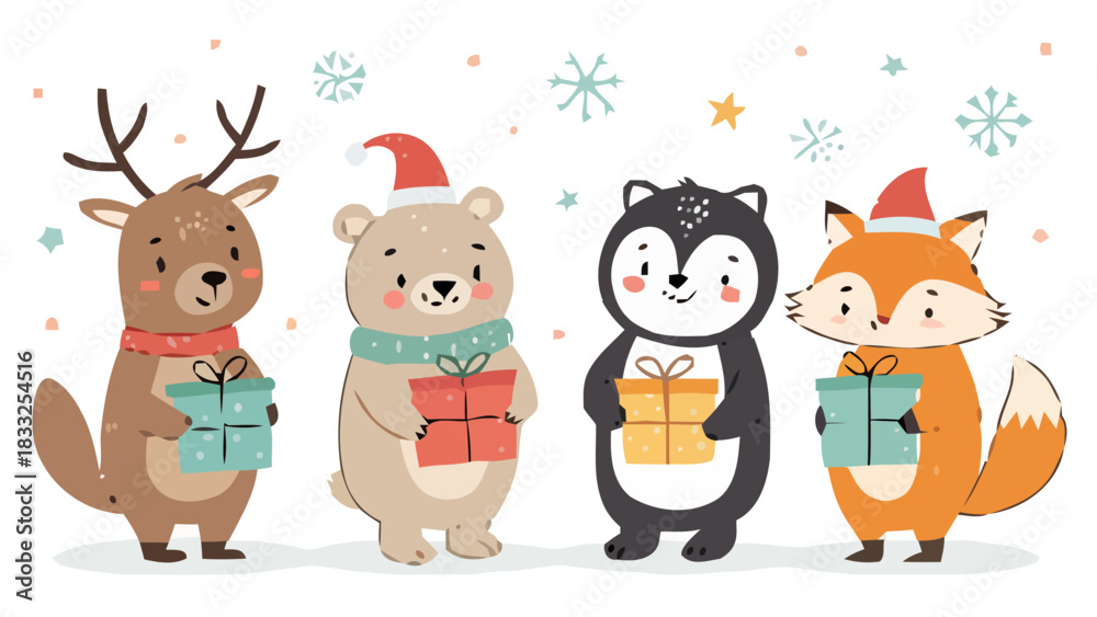 Naklejka premium Cute Animals with Christmas Gifts