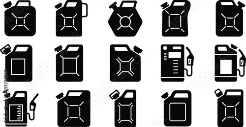 Fuel Container Icon Set Featuring Jerry Cans, Gas Pumps, and Storage Designs for Automotive, Industrial, and Safety Graphics