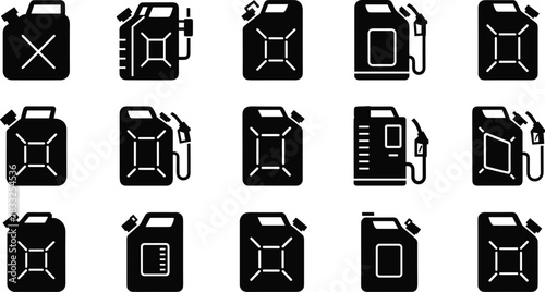 Fuel Can Icon Collection Featuring Jerry Cans, Nozzles, and Pump Designs for Automotive, Industrial, Safety, and Transport Graphics