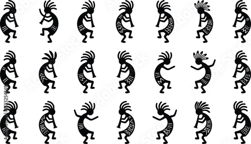 Kokopelli Silhouette Collection Featuring Flute Playing Tribal Figures for Southwestern Art, Cultural Graphics, and Decorative Design Projects
