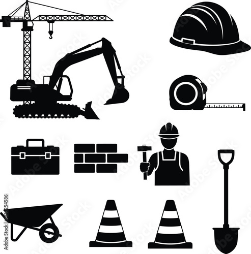 Construction Site Icons Silhouette Collection Keywords: construction, crane, excavator, hard hat, bricks, wheelbarrow, traffic cone, shovel